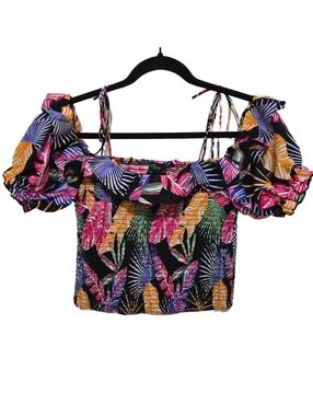 MILK & HONEY Tropical Print Crop Top Smocked Off Shoulder Puff Sleeves Medium